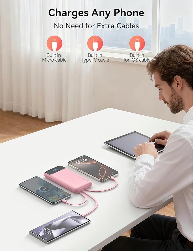 Portable Charger, 10000mAh 22.5W Fast Charging Power Bank with 4 Built-in Cables, Travel Essentials Battery Pack with LED Display, 6 Outputs Charging Bank Compatible with iPhone, iPad, Samsung Pink