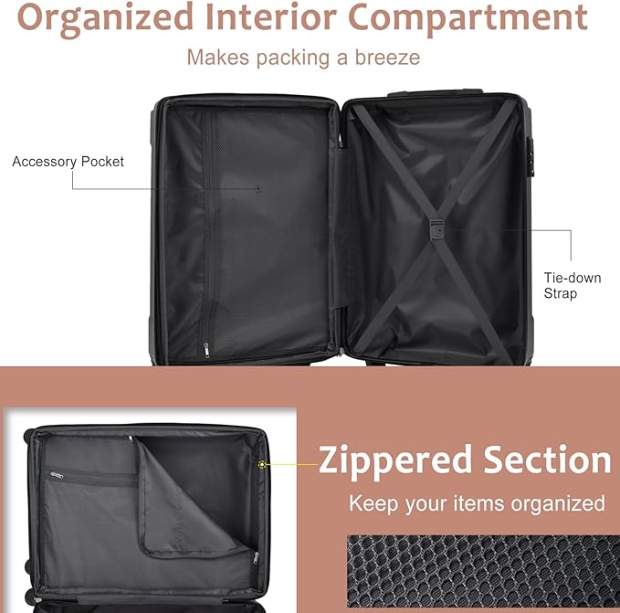 2 Piece Luggage Set, Hardside Suitcase with Spinner Wheels, TSA Lock & Expandable Hard Shell, Carry on and Checked Luggage for Travel, Maletas de Viaje for Men & Women (Black Brown, 20+28Inch)