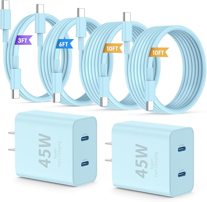 QZIIW iPhone 16 15 Pro Max Charger Fast Charging,45W Dual Port USB C Fast Charger Block [2-Pack] & Extra Long 60W 3/6/10/10FT USB C Cable - PD Quick Adapter 3.0 for iPhone 16 15/16 15Pro/16 15 Plus.