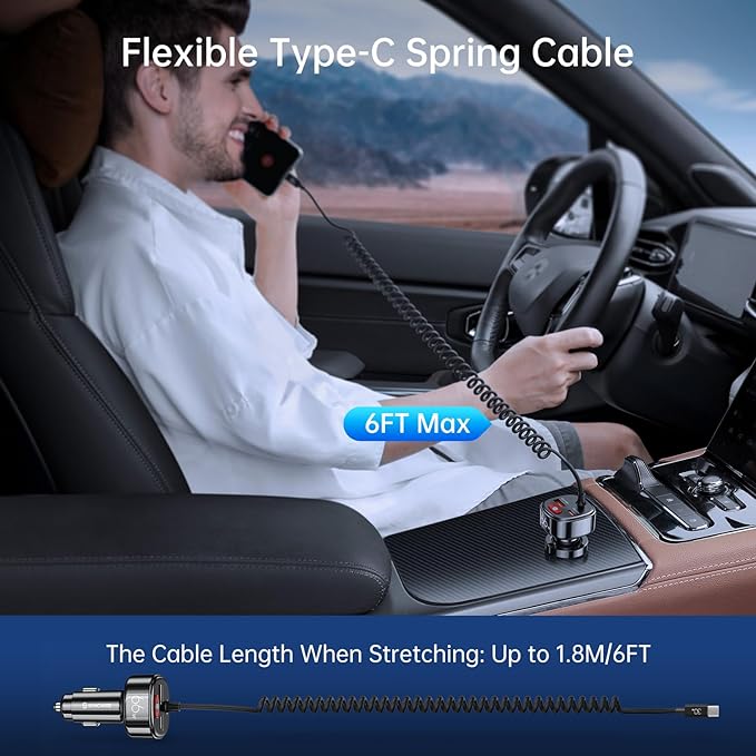 Syncwire USB C Car Charger with [Battery Leakage Prevention] 66W Super Fast Car Adapter with PD & QC 3.0 Built in 6FT Type C Coiled Cable for iPhone 17/16/15 Series, Samsung Galaxy/Google Pixel