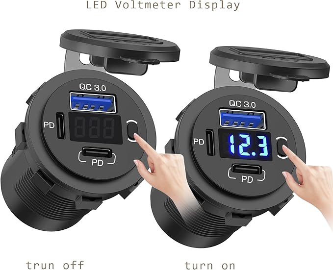 12V USB Outlet, Dual USB C Car Charger Socket & Quick Charge 3.0 Port with Voltmeter and Power Switch for Car Boat Marine Truck