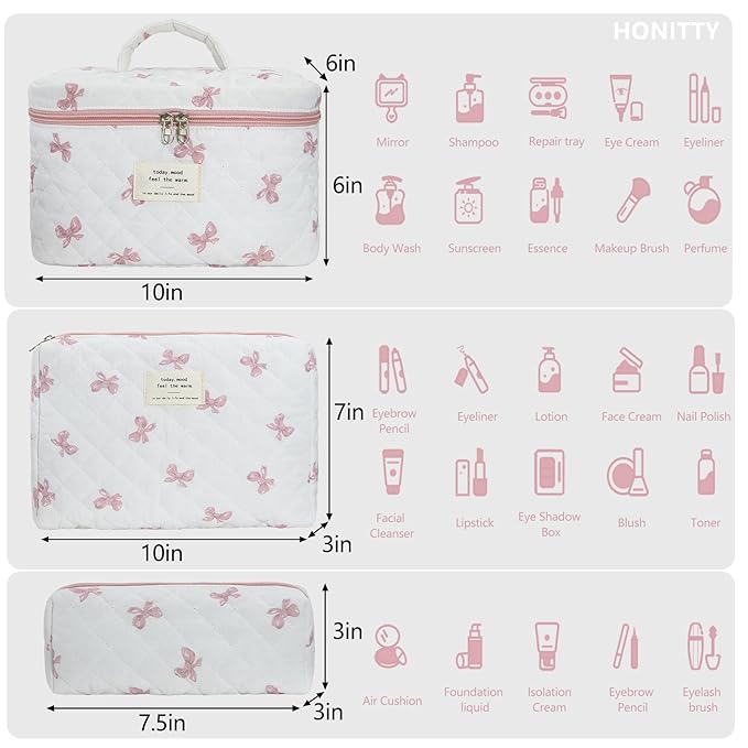 honitty Makeup Bag,Quilted Cosmetic Bag,Large Floral Make Up Bag for Women,Cotton Makeup Bag Set,Flower Travel Toiletry Bag