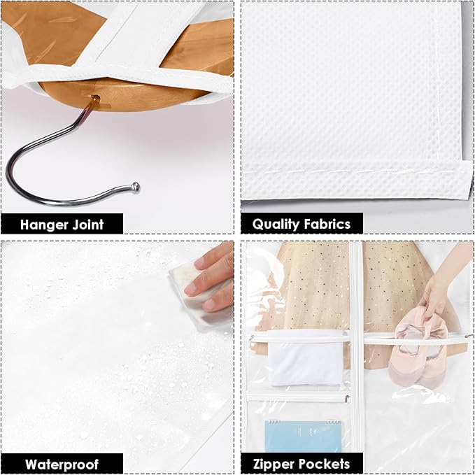 Univivi Dance Costume Garment Bag, 40 Inch Garment Bags for Dance Costumes Kids Dance Costume Bag with 3 Medium Clear Zipper Pockets for Dance Costumes, Hanging Clothes (White) - 4 Pack, UN0783