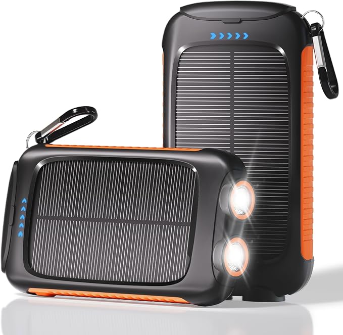Solar Phone Charger 20000mAh Portable Power Bank with 15W USB-A and USB-C Orange Battery Pack Compatible with iPhone, iPad, Samsung, Built-in 2 LED Emergency Flashlights Perfect for Camping, Travel