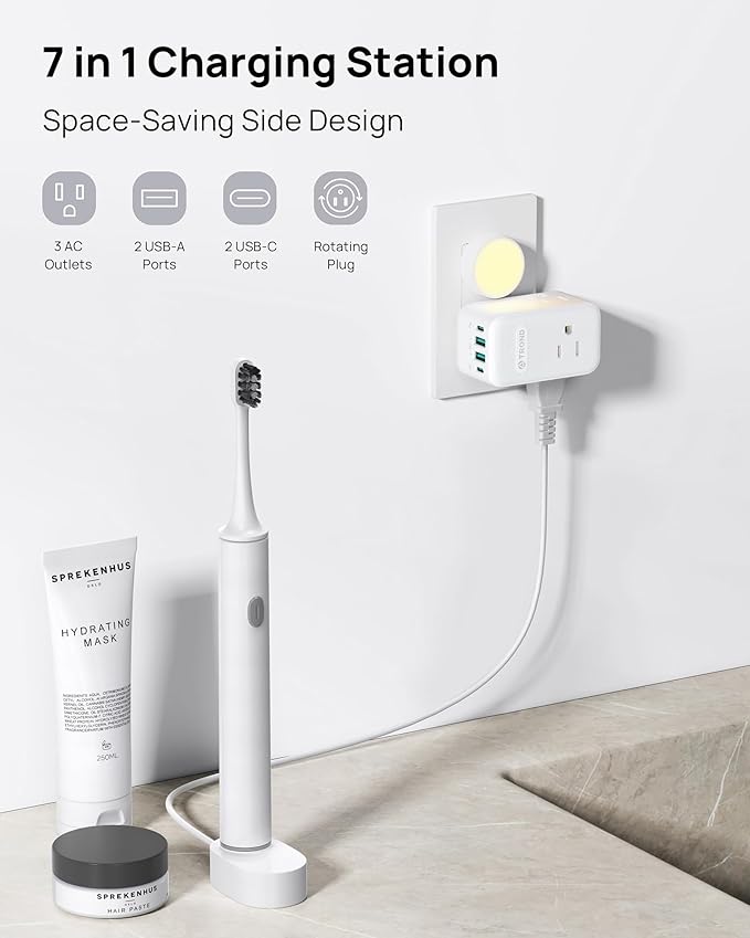 TROND Outlet Extender with 2 PD 20W USB C Charger, 3 AC Multi Plug Outlet Splitter with 360 Rotating Plug, USB Wall Socket Adapter, A Small Charging Station for Kitchen Bathroom Cruise Essentials