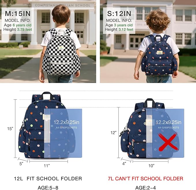 STEAMEDBUN Corduroy Toddler Backpack for Boys 2-4: Kids backpack for Boys Girls - 12 inch Preschool Kindergarten Backpacks