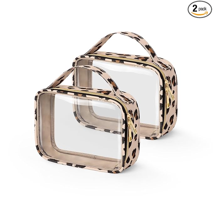 Wedama TSA Approved Toiletry Bag, 2 Pack Clear Makeup Bags with Handles, Quart Size PVC Clear Cosmetic Bags for Women and Men, Carry on Airport Airline Compliant Bag, Leopard Print