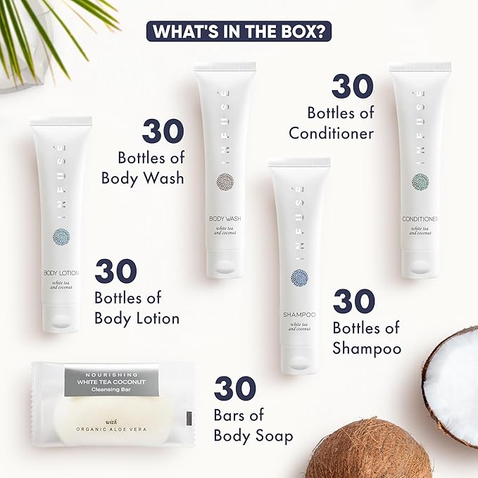 Infuse Pure White Tea and Coconut Hotel Soaps and Toiletries Bulk Set | 1-Shoppe All-In-Kit for Airbnb | 1oz Shampoo & Conditioner, Body Wash, Lotion & 1.25oz Bar Soap | Travel Size 150 Pieces