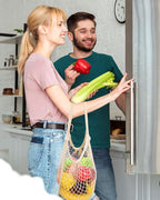 Woanger 24 Pcs Reusable Cotton Mesh Produce Shopping Bags Long Handle Washable Grocery Net Portable Fruit and Vegetable Cotton String Bags Beige Net Tote Organizer