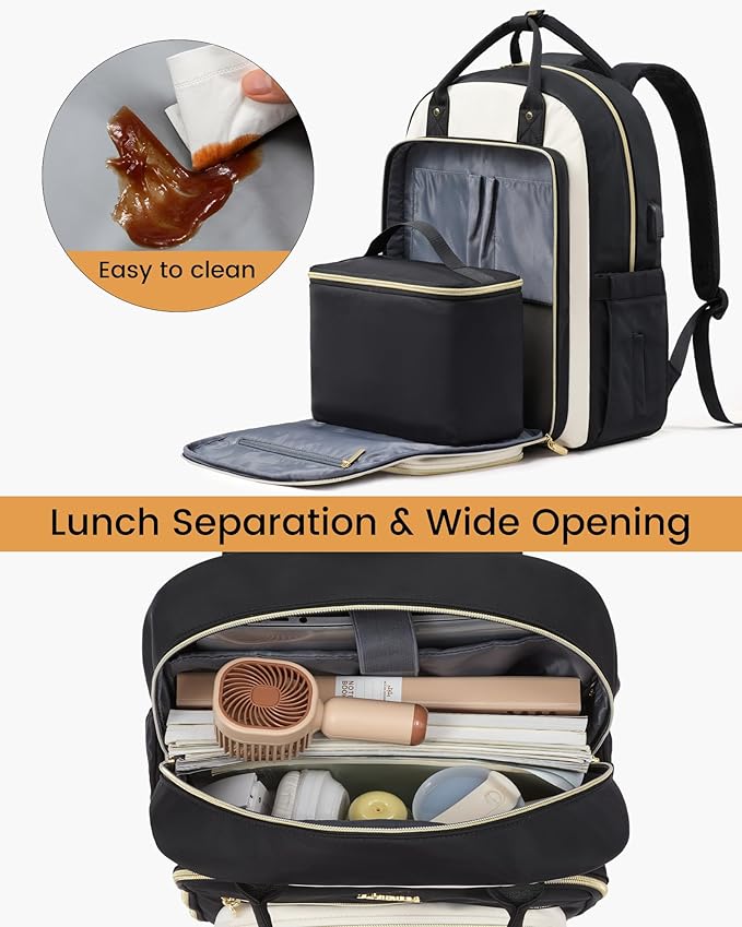 LOVEVOOK Lunch Backpack for Women, 15.6 Inch Laptop Bag with Insulated Cooler Lunch Box, Work Backpack for Teacher Nurse, Travel Backpack Lunch Bag for Camping Picnic Daily Use, Black Beige