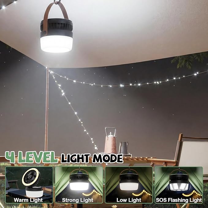 3-in-1 Camping Fan, Portable Solar Fan Rechargeable with LED Lantern, Battery Powered & Solar Camping Fan Light with Hanging Hook for Tent, 3 Speeds USB Fans for Camping Essentials, RV Travel, Outdoor