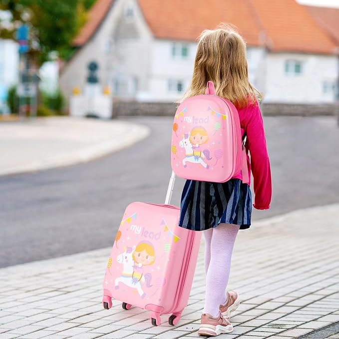 BABY JOY 2 PCS Kids Luggage, 16” Carry-on Hardshell Suitcase with Wheels & Hardside Backpack for Boys Girls, Airline-Approved Toddler Travel Luggage Set (Pink Pony)