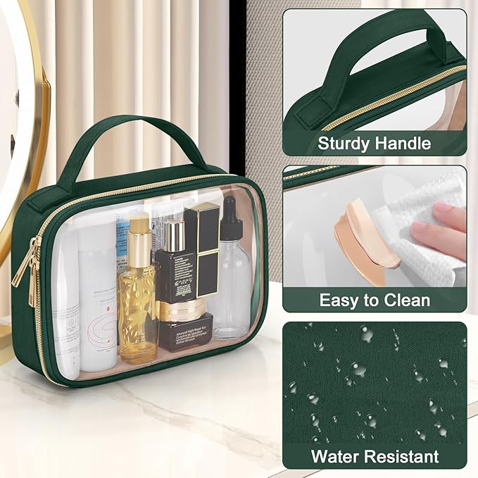 Wedama TSA Approved Toiletry Bag, 4 Pack Clear Makeup Bags with Handles, Quart Size Clear Toiletry Bags, PVC Cosmetic Bags for Women and Men, Carry on Airport Airline Compliant Bag, Dark Green