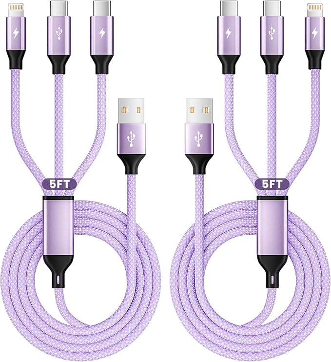 2Packs 4FT Multi Charging Cable with 2 USB-C/IP Port, Purple Charging Cords for Multiple Devices, USB C Splitter Cable, Universal Charger Cord Car Accessories for iPhone17-8, Androids iPad and More
