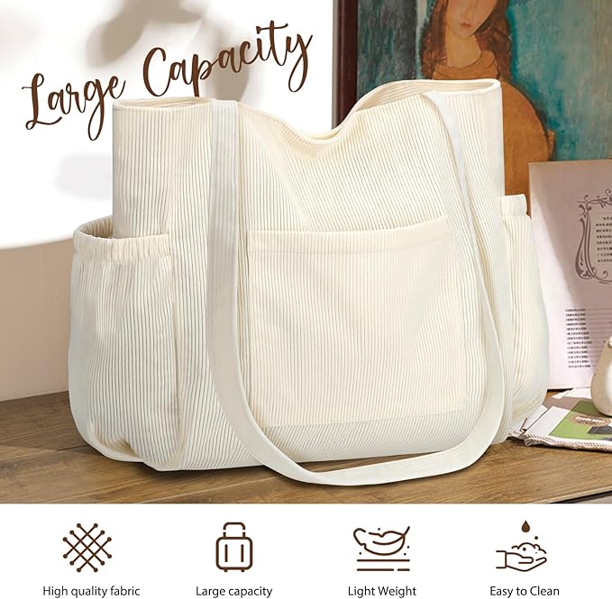 Corduroy Tote Bag for Women,Large Capacity Cute Tote Bags With 6 Pockets,Crossbody Shoulder Handbag for Work Travel Gym