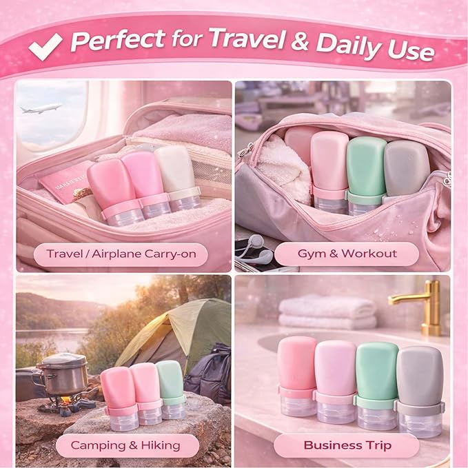 2 oz Travel Bottles, Leakproof Silicone Squeeze Bottle Mini Travel Size Container for Toiletries Lotion Shampoo and Conditioner Liquid Salad Dressing to go Condiment, TSA Approved, 4 Pack