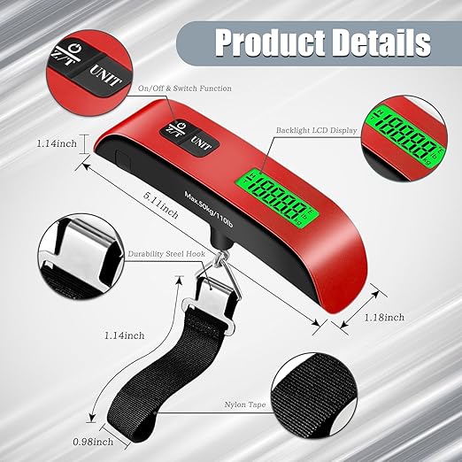 Luggage Scale, 110lbs Portable Digital Luggage Weight Scale, Rubber Pain Suitcase Scales with LCD Display & Temperature for Travel (Red)