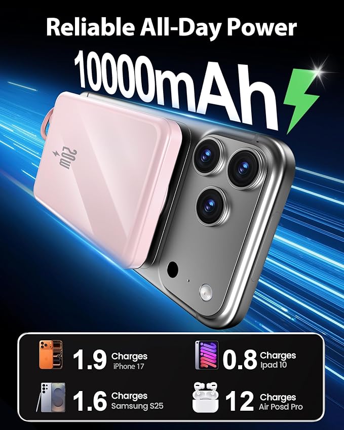 golioklsy Portable Charger Power Bank, 10000mAh Phone Charger with Built-in Cable, 20W PD Fast Charging, Slim Battery Pack with LED Display, Travel Essential for iPhone 17/16/15/14 All Series, Pink