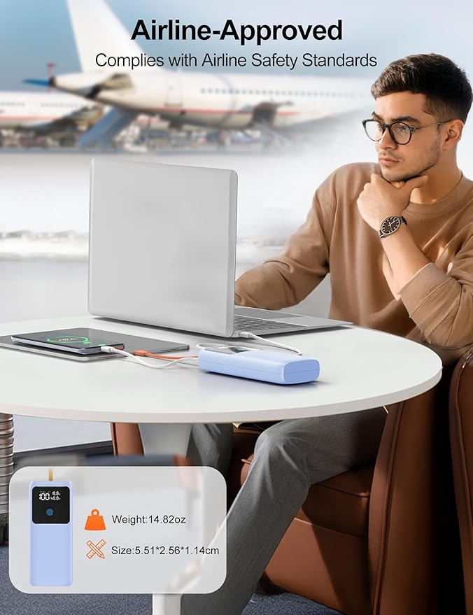 Laptop Power Bank, 24000mAh 65W Fast Charging Portable Charger with Built-in Cable, USB C Battery Pack with LED Display, Travel Essential External Battery Bank for Macbook/Notebook/Tablet/Phone Blue