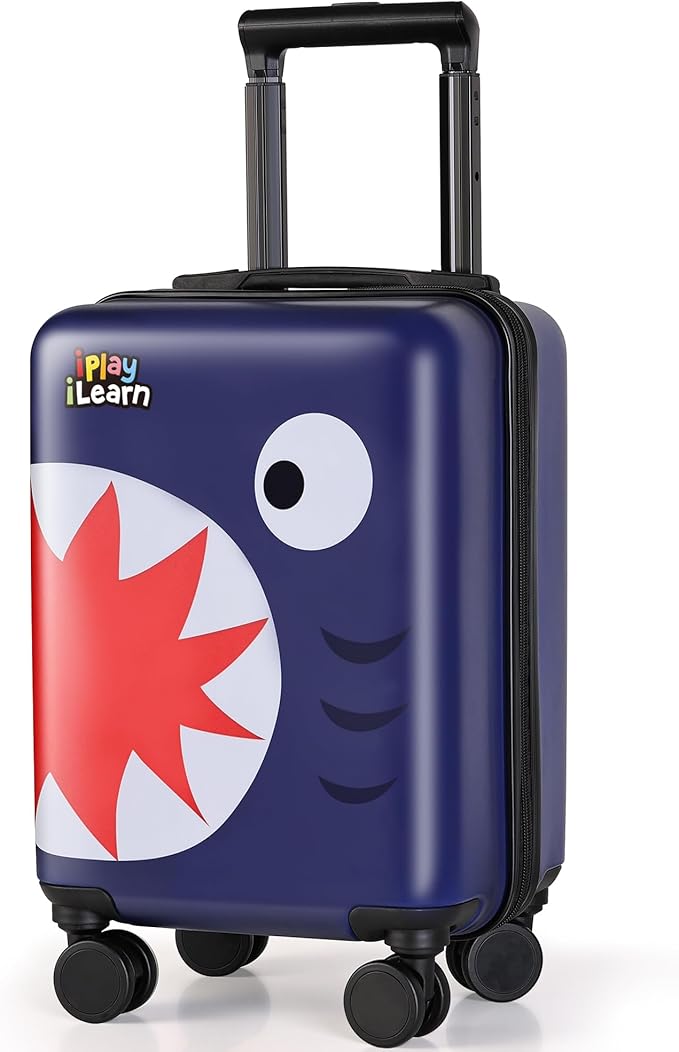 iPlay, iLearn Shark Kids Luggage, Boys Carry on Suitcase, 18" Hardside Travel Luggage Set, Toddlers Rolling Suitcase W/ 4 Spinner Wheels, Children Holiday Birthday Gifts
