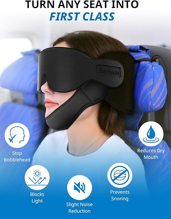 SARISUN Travel Pillows for Airplanes with Sleep Eye Mask, Chin Strap, Airplane Pillow for Long Flights, Car Road Trip, 360° Support Headrest, Travel Essentials Stop Bobblehead, Mottled Blue