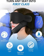 SARISUN Airplane Pillow Combo with Chin Strap, Travel Pillows for Airplanes with Sleep Eye Mask, Plane Pillow for Long Flights, Car Road Trip, 360° Headrest, Stop Bobblehead, Black