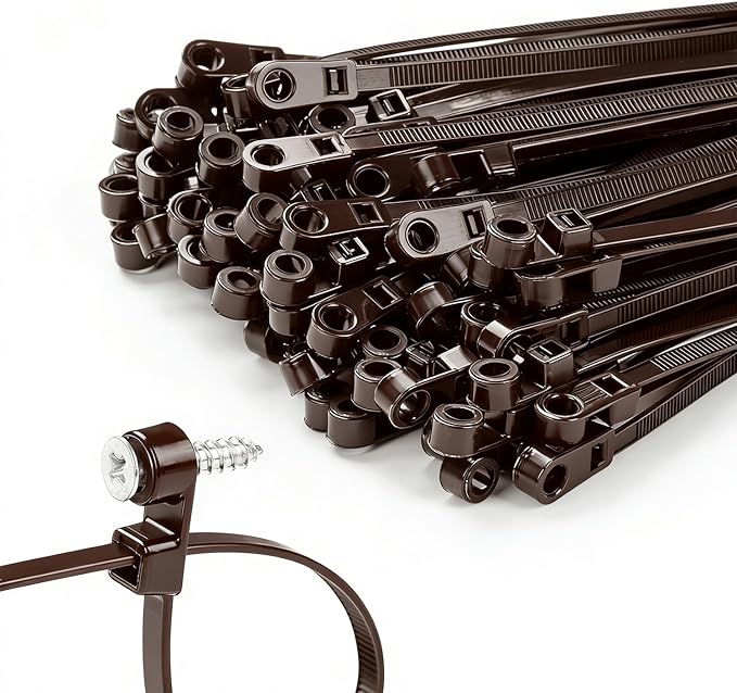200 PCS 8 inch Brown Zip Ties with Screw Hole 70lbs Mountable head Cable Ties Straps Multipurpose Heavy Duty Nylon Cable Zip Ties with Screw Mounting Hole