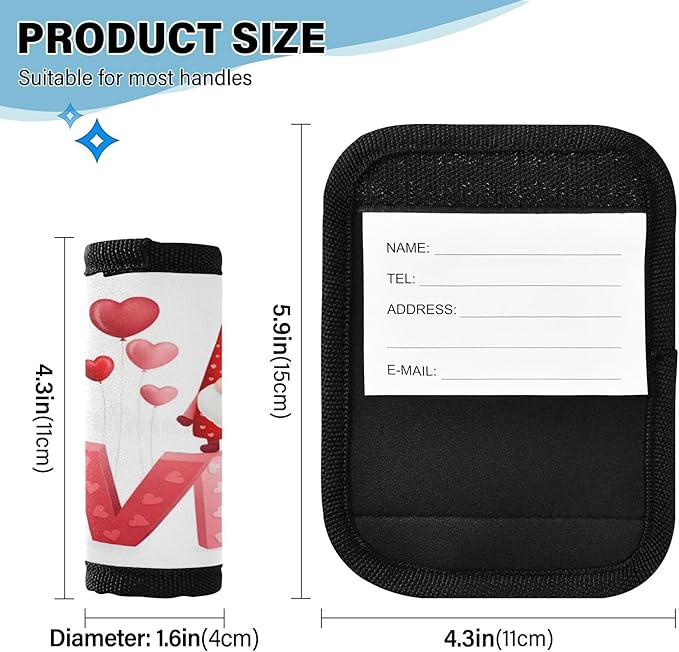 2 Pack Valentines Dwarf Luggage Handle Wrap, Detachable Luggage Tag, Neoprene Suitcase Wrap with Comfort Grip & Bright Identifier for Suitcase, Travel Bag, Sports Bag