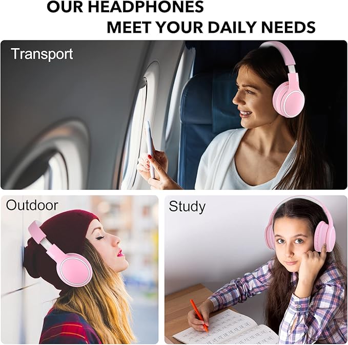 B10 Wireless Over-Ear Headphones, Lightweight Folding Stereo Bass Bluetooth Headset with Mic, 50H Playtime, Volume Control, Bluetooth 5.3 Headphones for iPad/Travel/Tablet/PC (Pink)
