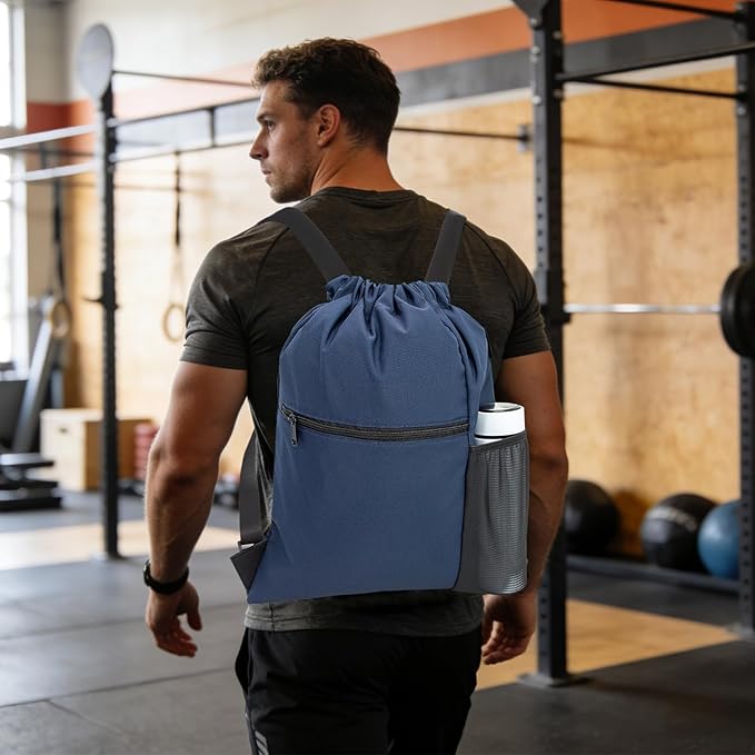 HOLYLUCK Men & Women Outdoor Sport Gym Sack Waterproof Drawstring Backpack Bag (Standard with width webbing, Navy Blue-1)