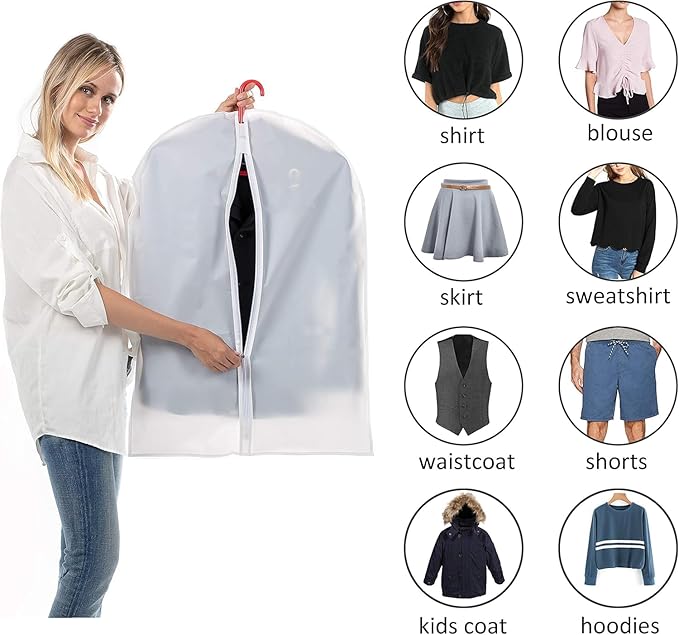 MsKitchen 6 Pack Shirt Garment Bags (24x36") - Dustproof Short Suit Covers - Durable PEVA Closet Bags with Sturdy Zipper for Blouses, Jackets, Sweaters & T-Shirts (Translucent)