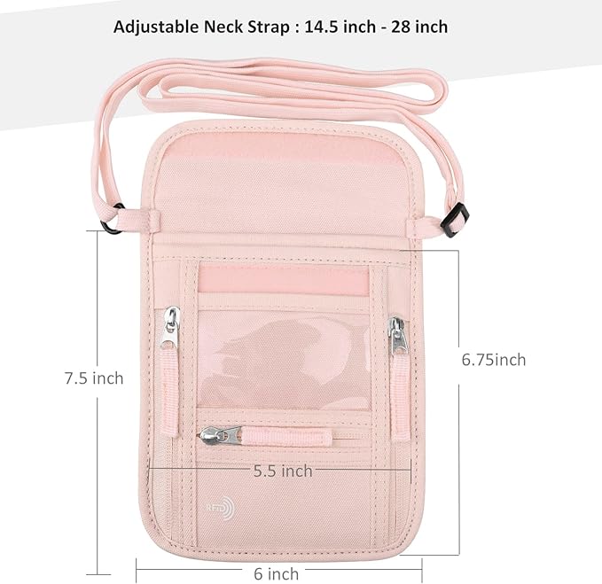 WALNEW Passport Holder Neck Pouch Travel Wallet for Women and Men, RFID Blocking Security Slim Traveling Wallet with Around Neck Lanyard Strap, Pink