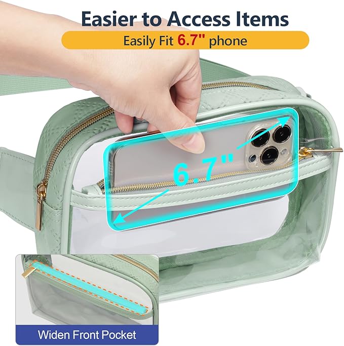 Packism Clear Fanny Pack for Women Stadium Approved - Quilted Clear Belt Bag, Adjustable Strap Fits 35-51 Inches, Transparent Waist Bag for Sports Concerts Festivals, Soft Green