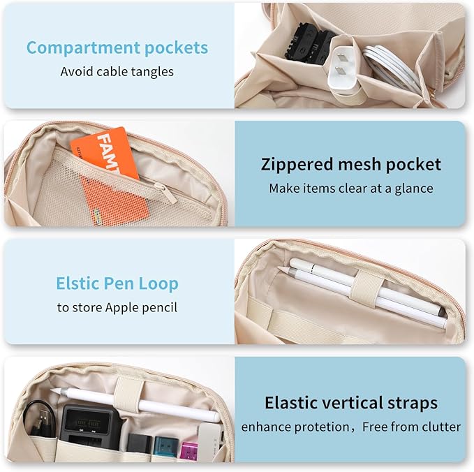 RIGHT AWAY Tech Pouch Electronics Organizer Travel Case, Cord Organizer Bag Cable Accessories Carry Storage for Essentials,Charger, Phone, Earphone,Flash Drive,Beige