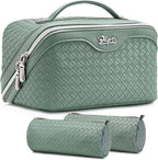 BOYATU Travel Makeup Bag Cosmetic Bags for Women: Large Capacity 3 Pcs Set Make up Bag with Compartments - Waterproof Vegan Leather Toiletry Organizer Bags with Handle (L10 Grass Green)