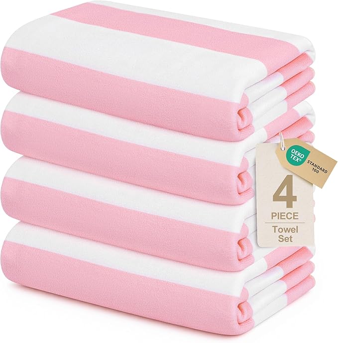 Touchat 4 Pack Beach Towels Cabana Stripe 280GSM Polyester Lightweight Quick-Dry Swim Pool Towel, 30'' x 60'' Oversized Compact Travel Bath Towel, Camping | Ultra-Portable, Multi-Functional, Pink