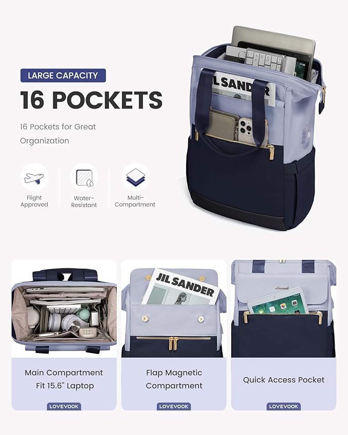 LOVEVOOK Laptop Backpack for Women, 15.6 Inch Work Laptop Bag with USB Port, Fashion Teacher Nurse Backpack Purse, Waterproof Travel Computer Backpack with Organizer Bag, 2PCS, Grey Blue-Ink Blue