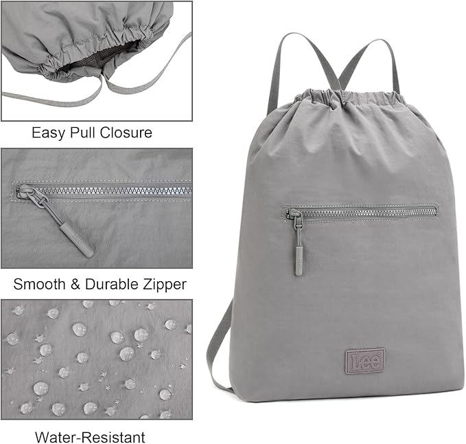Lee Drawstring Backpack Bag Lightweight Small Gym Swim Beach Bag Water Resistant Sports Sackpack for Men Women, LEE48-002GY
