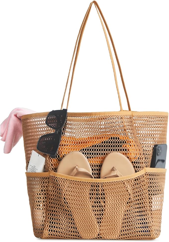 Iioscre Beach Bag for Women, Causal Hobo Pool Bags with Zipper Inner Pocket, Foldable Swim Tote Bag for Vacation Essentials