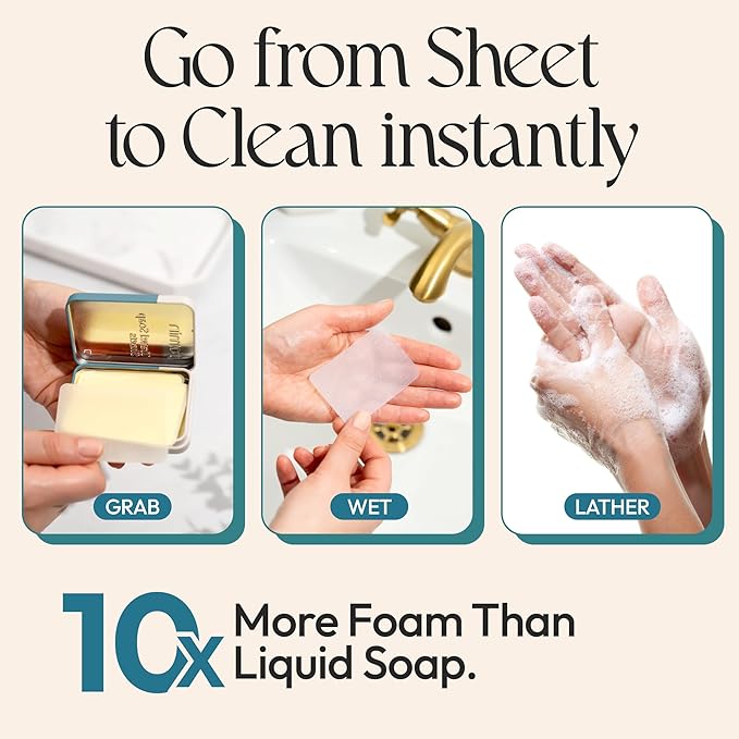 FOMIN - Antibacterial Paper Soap Sheets for Traveling - 300 Jasmine Portable Hand Soap Sheets for Travel in Tin - Dissolvable Mini Portable Travel Soap Sheet for Hand Washing, Camping and Hiking