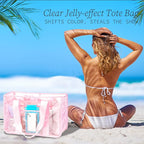 Fammart Iridescent Clear Beach Bag for Women, Jelly Tote Bag Waterproof Sandproof Pool Bag Cruise Vacation Essentials