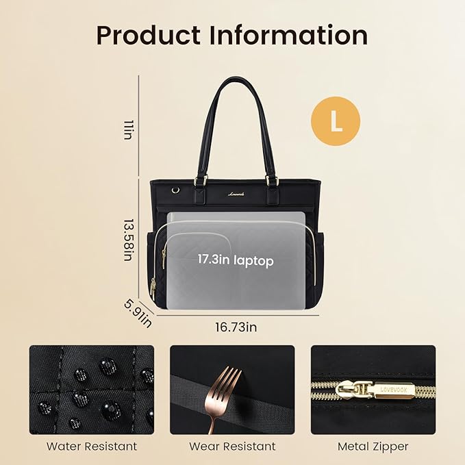 LOVEVOOK Tote Bag, Work Bags for Women with Large Cup Holder, Large Capacity Teacher Tote with Multi Pockets, Water Resistant Nurse Diaper Tote with Padded Laptop Compartment, 17.3 Inch Black