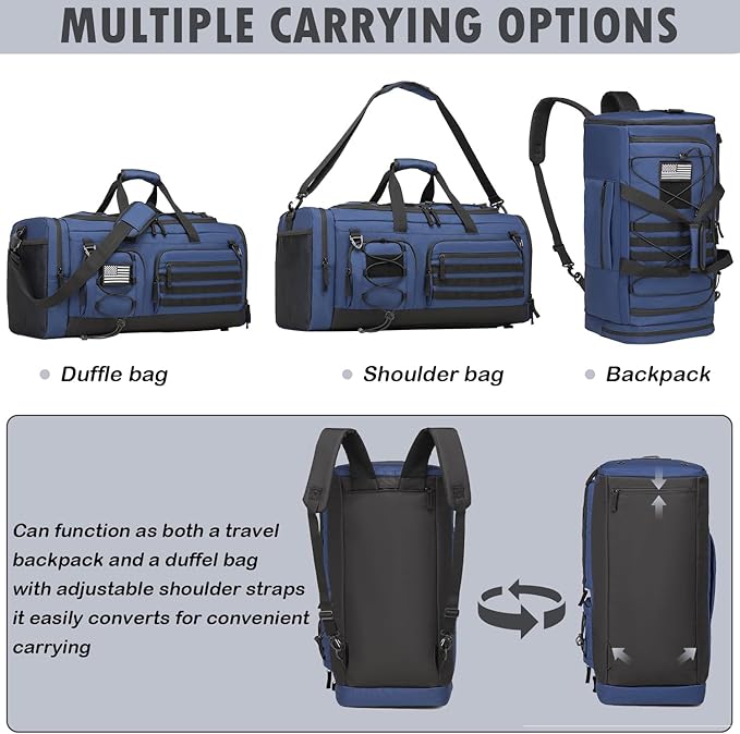 Gym Bag for Men and Women, 50L Extra Large Duffle Bag, 3-in-1 Travel Sports Duffel Bags with Shoe & Laptop Compartment for Overnight Weekender Gym Traveling Workout Deployment, Black+ Blue