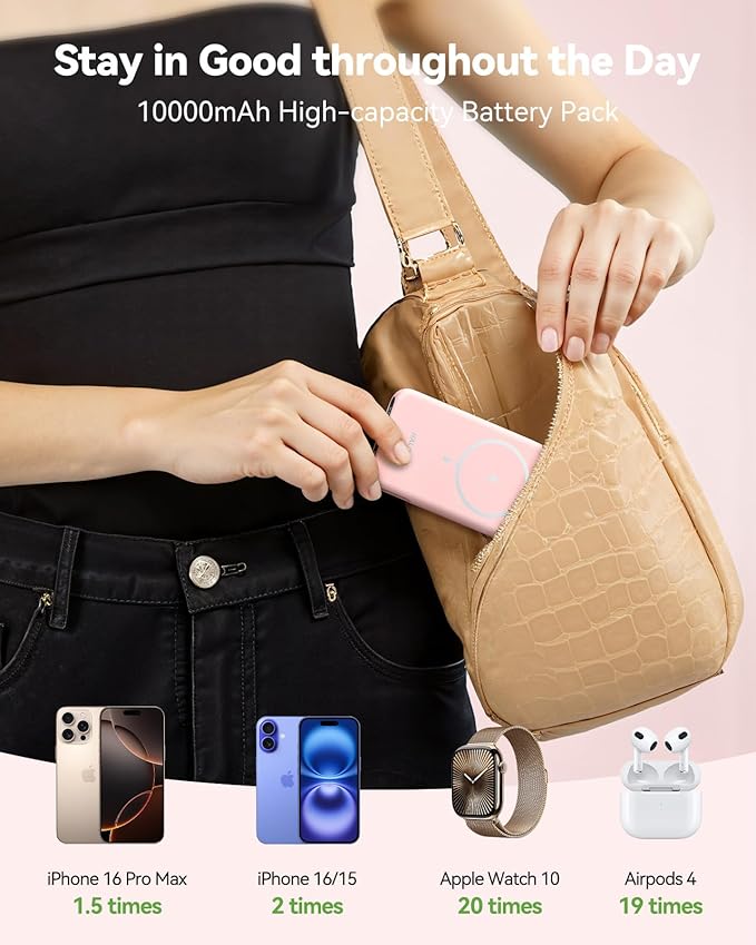 Magnetic Portable Charger for iPhone and Apple Watch, 10000mAh Wireless Power Bank PD 20W USB-C Fast Charging Battery Pack with Stand for iPhone Air/ 17/16/15/14/13/12 Pro Max、iWatch 11-1/SE/Ultra 3-1