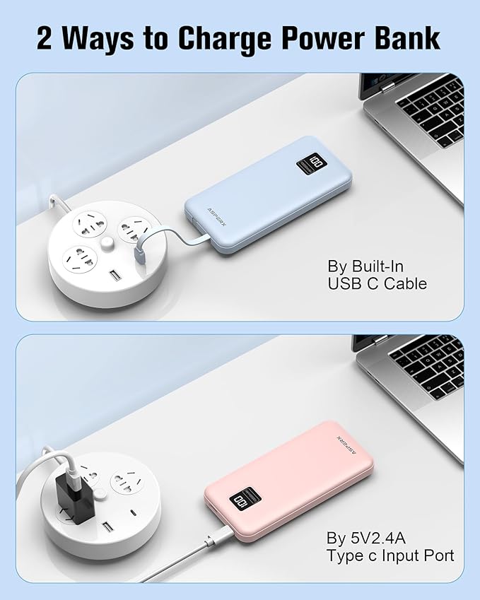 AsperX 2-Pack 10000mAh Portable Charger with Built-in Cables, USB C Travel Essential Battery Pack with 4 Outputs 2 Inputs,LED Display Power Bank with Cord Wires for iPhone Samsung Google Pixel iPad