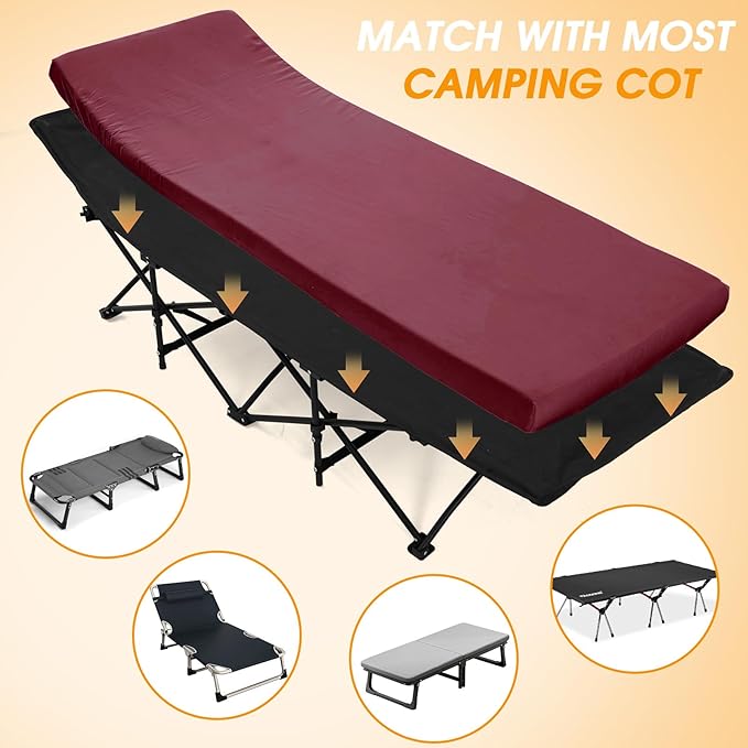 CYMULA Camping Cot Mattress 2in Memory Foam Sleeping Pad,Soft Warm Non-Slip Camping Mattress Topper with Retaining for Adults,Portable Roll up Pad for Travel（only Mattress）