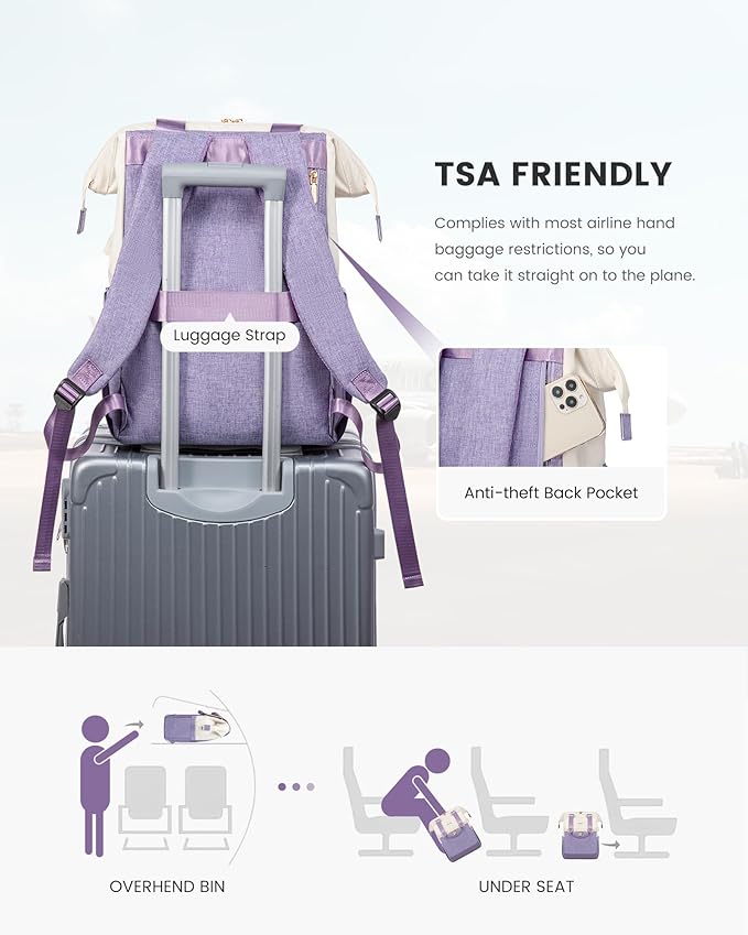 LOVEVOOK Laptop Backpack for Women, 15.6 Inch Work Laptop Bag with USB Port, Fashion Teacher Nurse Backpack Purse, Waterproof Travel Computer Backpack with Organizer Bag, 2PCS, Beige-Light Purple