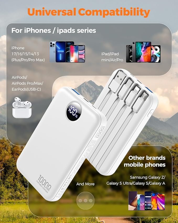 HAIARA 10000mAh Power Bank with 4 Built-in Cables,20W PD Fast Charging Portable Charger with LED Display,USB-C & USB-A Outputs,5 Devices Simultaneous Charging,External Battery Pack for iPhone-White