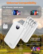 HAIARA 10000mAh Power Bank with 4 Built-in Cables,20W PD Fast Charging Portable Charger with LED Display,USB-C & USB-A Outputs,5 Devices Simultaneous Charging,External Battery Pack for iPhone-White