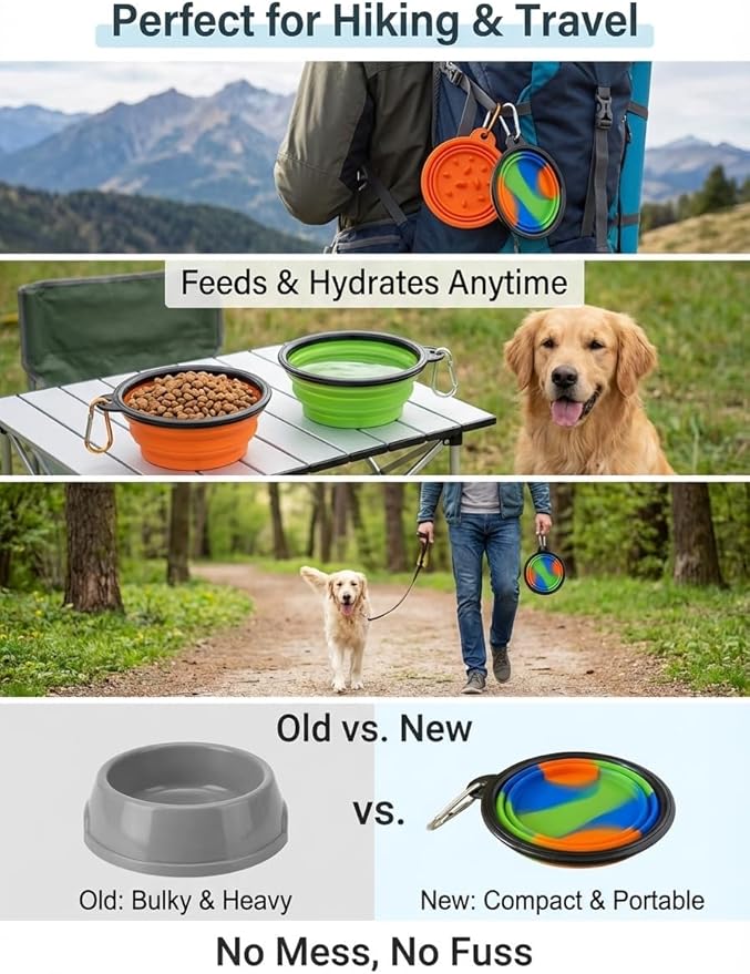 Collapsible Dog Bowl 2 Pack with Carabiners - Portable Travel Pet Food Water Bowl for Dogs Cats